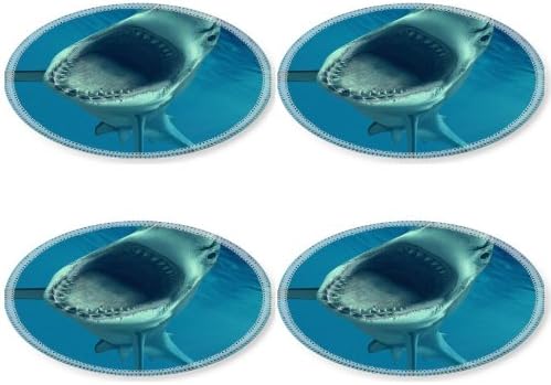 Animal Shark Wildlife Jaws Teeth Predator Ocean Sea Teeth Round Coaster (4 Piece) Set Fabric Rubber 5 Inch Size Luxlady Coaster Cup Mug Can Water Bottle Drink Coasters Stain Resistance Collector Kit Kitchen Table Top Desk