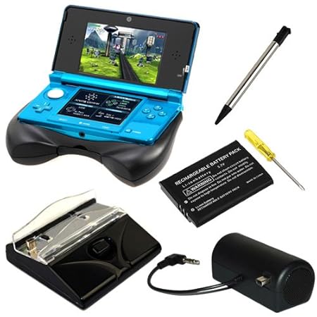 GTMax 5 in 1 Black Bundle - Mini Stero Speaker + Desktop Charger + Li-Ion Battery Rechargeable Pack with Screwdriver + Retractable Metalic Stylus + Grip for Nintendo 3DS