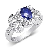 Glamourous Oval Shape Checker Board Created Blue Sapphire & White CZ Size 6 Gemstone Ring in Sterling Silver
