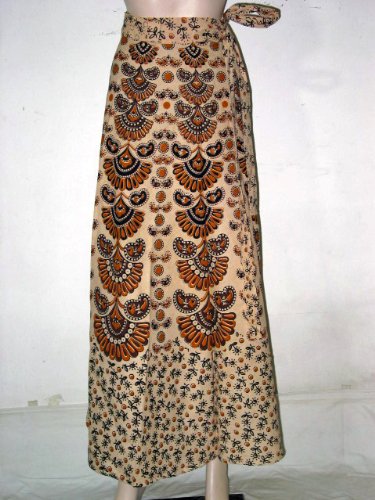 Mystic Fashionable Printed Cotton Wheat Color Barmer Print Wrap Around Skirts India 40" Long Free Shipping