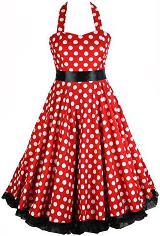 50s Red & White Polka Dot Swing Rockabilly Dress with Black Ribbon Bow & Petticoat (L US Size 08)