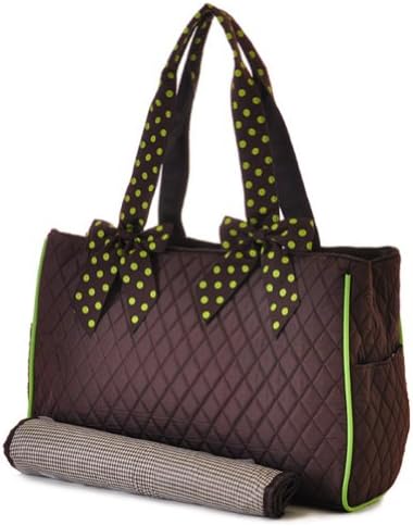 Quilted Monogram Ready Solid Print Brown And Lime Diaper Bag With Changing Pad