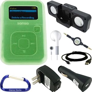 Premium Combo Pack: Rubberized (Green) Silicone Skin Case, USB 2in1 Sync / Charging Cable, USB Car Charger, USB Wall / Travel Charger, Earphones, Cube Foldable Speaker Dock, 3.5mm Retractable Auxiliary Stereo Cable, and Free Carabiner Key Chain for the SanDisk Sansa Clip+ Plus