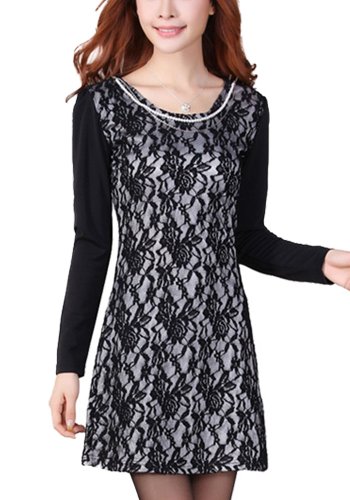 (ゴールドジャパン)Goldjapan 大きいサイズ レディース ワンピース ショート Aライン 総レース 花柄 ビジュー 丸首 膝上丈 薄手 7分袖