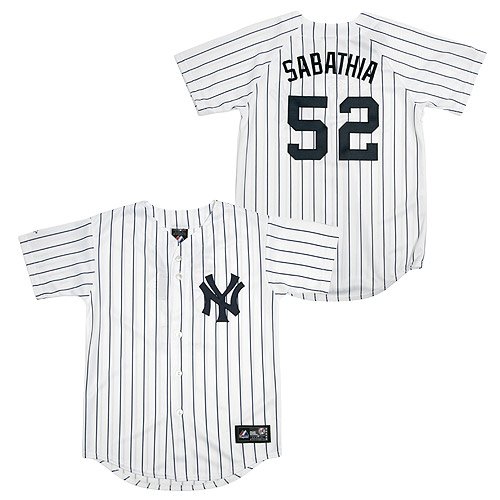 MLB C.C. Sabathia New York Yankees Youth Short Sleeve 6 Button Synthetic Replica Jersey (Wht/Nvy Pinstrps, Small)