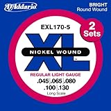 D'Addario EXL170-5TP Nickel Wound Bass Guitar Strings, Light, .045-.130, 2 Sets, Long Scale