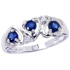14K Yellow or White Gold Openwork Heart Trio Gemstone and Diamond Ring-Blue Sapphire-full, half sizes from 5-8.5
