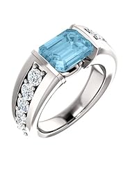 10K White Gold 9.00x7.00mm Emerald Cut Aquamarine and Diamond Ring -- LIFETIME WARRANTY