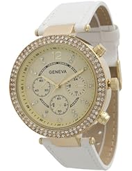 Womens Geneva Dual Stone Leather Watch - White
