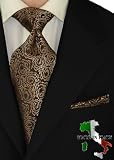 Berioni Hand Made in Italy 100% Woven Silk Mens Neck Tie + Pocket Square Jacquard Woven Tie and Hanky Set Brown Gold E3