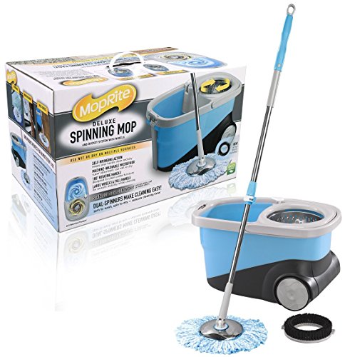 MopRite Spin Mop - Deluxe Stainless Steel Spin Mop and Bucket System with Wheels, Dual Function System for Spin Washing and Drying, Includes 2 Microfiber Mop Heads & Scrub Brush