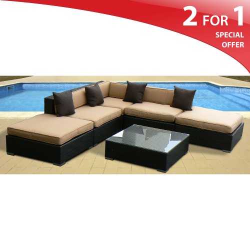 Aruba Modern Outdoor Patio Wicker Sectional Furniture 6 Piece Set Taupe