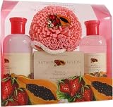 Tropical Fruit Duos Gift Set- 4 Piece Set, Shower Gel, Lotion, Soap and Puff, Papaya Strawberry