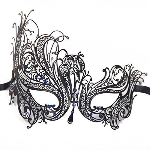 Signstek Metal Laser Cut Filigree Masquerade Venetian Party Mask with Black/Blue Stones