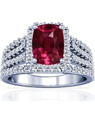 14K White Gold Cushion Cut Ruby Ring With Sidestones