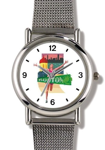 Boston Marathon Runner Poster Track & Field - WATCHBUDDY® ELITE Chrome-Plated Metal Alloy Watch with Metal Mesh Strap-Size-Small ( Standard Women's Size )