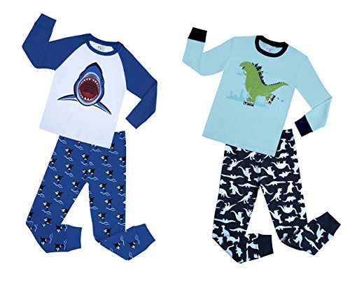 Boys Shark and Dinosaur 4-Piece Pajamas Set Children Cotton Sleepwear Pant Suit