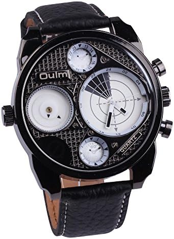 Aselling Men's Military Army Oversize Two Time Zones GMT 2 Dials Analog Sports Climbing Style Wrist Watch Black Leatherette Band