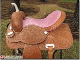Western Flex-Tree Square Skirt Saddle With Floral Carving Tan Harness And Pink Ostrich Seat