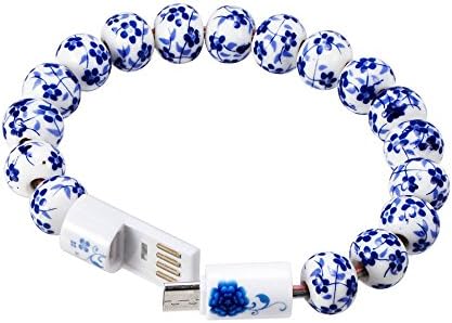 Amaozus Beads Bracelet Micro USB Interface Charging Data Cables with Pmma Colorful Ceramic Flower for Android Smart-phone (Blue)
