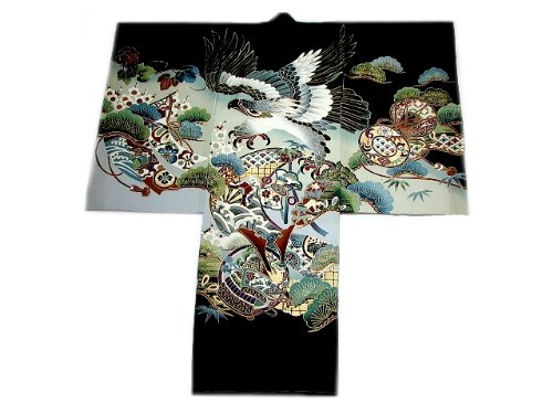 【正絹】 お宮参り着物　（初着・産着）　男児　M2-6　鷹に兜・黒地　　新品仕立上り　★もれなく５大特典付！