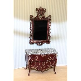 Mahogany Gold Embossed Sideboard with Mirror Dollhouse
