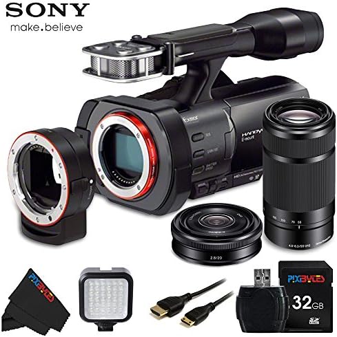 Sony NEX VG900 Full Frame Interchangeable Lens Camcorder Video Camera with 3-Inch LCD + Sony SEL-20F28 E-Mount 20mm F2.8 Prime Lens + Sony E 55-210mm F4.5-6.3 Lens + 32 GB Pixi-Basic Accessory Bundle