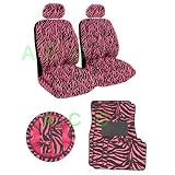 11 Piece Safari Animal Print Auto Interior Gift Set - 2 Pink Zebra Low Back Front Bucket Seat Covers with Separate Headrest Cover, 1 Pink Zebra Steering Wheel Cover,2 Pink Zebra Shoulder Harness Pressure Relief Cover, 2 Pink Zebra Front Floor Mats, and 2 Rear Floor Mats