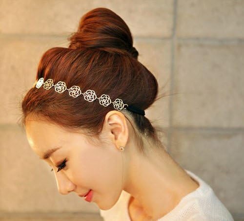 New Lovely Metallic Sweet Lady Hollow Rose Flower Elastic Hair Band Fashion Headband - Gold (Gloden Flower)