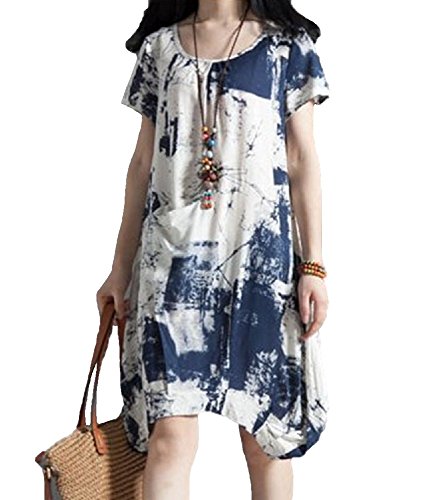 (サラキッド） SaraKid カジュアル 綿麻 半袖 チュニック ワンピース レディース ショート ひざ丈 エレガント シンプル 不規則 デザイン