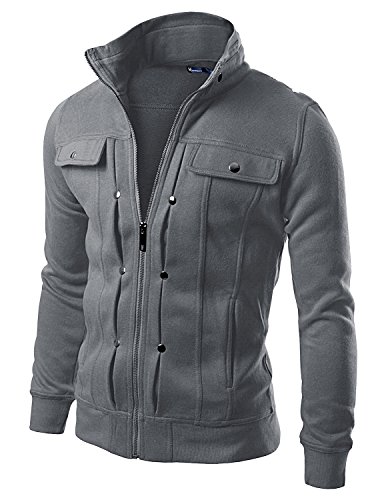 Doublju Men Trendy Skinny Fit Shoulder Point Zip Up Jacket CHARCOAL,(US-M)ASIA-L