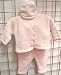 Hand Knitted Crochet Finished Baby Pink Chenille Natural Stripe Cardigan Pant Hat Set