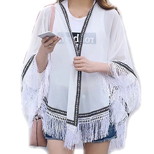 Spinas(スピナス) レディース ショール カーディガン フリンジ ネイティブ ボヘミアン シャツ ブラウス シフォン 清涼 薄 透け ビックシルエット 羽織 無地 ストライプ シンプル 海 ビーチ 水着 大人 通勤 オフィス 春 夏 秋 全3色 アニマル ブラック 黒 ホワイト 白