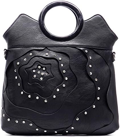 Fashion Laser-cut Flower Round Handle Satchel Vegan Handbag (Black)