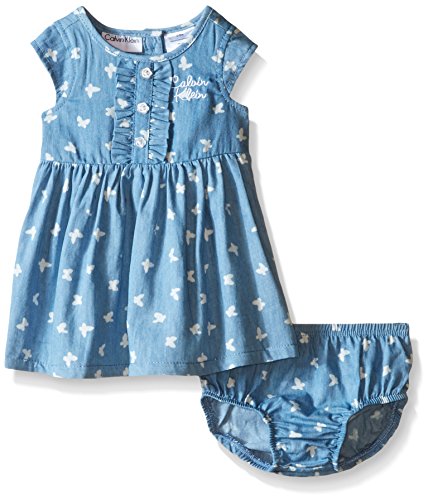 Calvin Klein Baby Girls' Butterfly Print Chambray Dress and Panty, Blue, 3-6 Months