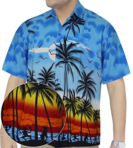 La Leela Cloudy Beach Button Up Hawaiian Miami Cruise Casual Shirt Men Blue