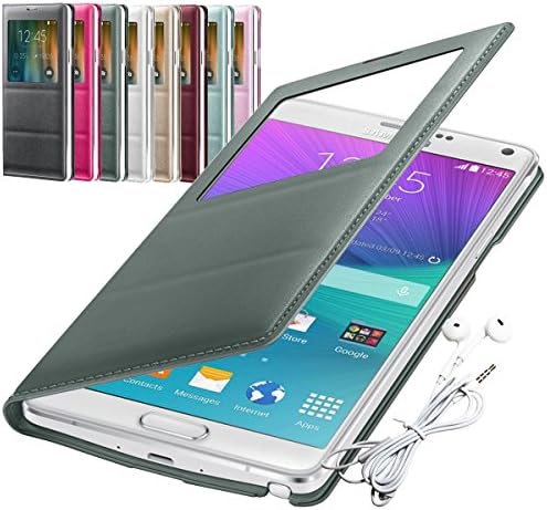 Rasfox Galaxy Note 4 Case, Luxury Leather Flip Cover Folio Wallet Case &amp; Free Geometry Earphone with Mic For Samsung Galaxy Note 4 N910, No Auto Sleep/Wake Smart S-View Functions (Grey)