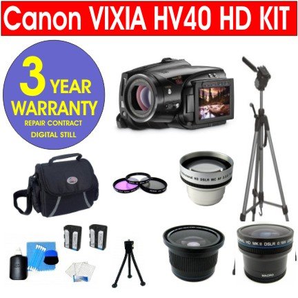 Canon VIXIA HV40 High Definition Camcorder + .45x Wide Angle Lens + 2x Telephoto Lens + .18x Super Wide Fisheye Lens + Extra High Capacity Li-Ion Battery + 3 Pack of Tapes + 65