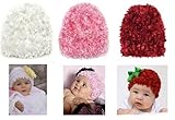 3 Pack Fluffy baby girl hats in White, Pink & Red 0-12 Months