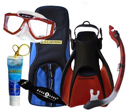 U.S. Divers Sideview Mask, Paradise Dry Snorkel, Travel Trek Fins, Strap & Coast Bag Package - SM, RED