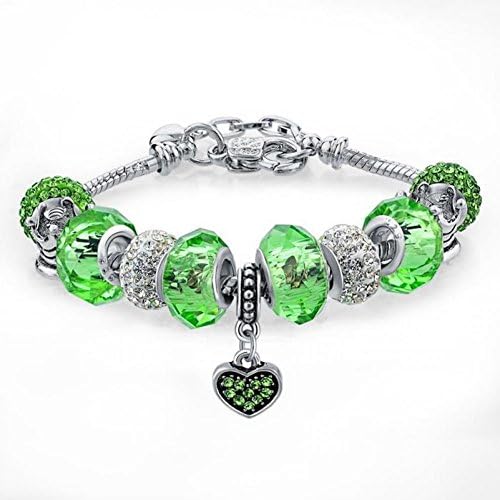 ShiningDeals Fashion Bracelet Silver Plated Bracelet Fit Female Snake Chain Shine Clear Green Beads Lovely Heart Pentent