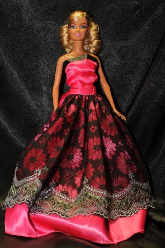 Pink Barbie Sized Doll Gown with Black Lace Apron