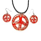 Tulip Red with Gold Sparkle Glass Peace Sign Pendant Necklace and Earrings Set
