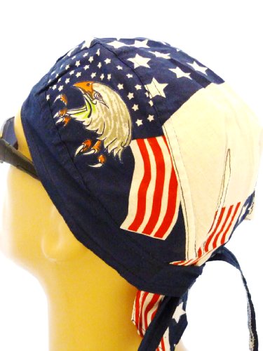 American Bald Eagle Bikers Cap Skull Cap Bandana Headwrap Medical Cap - Patriotic Theme - American Flag Design - Black - Red - White and Blue - Patriotic - Breathable 100% Cotton - One Size to Fit Men - Women and Teens - America - USA - Suitable for Athletes - Military - Medical - Healthcare - Bikers - Truckers and Food Workers to Keep Hair Out of Face and Retain Sweat product image