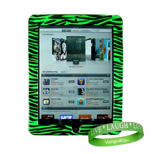 Stylishly Designed Hard Cover Snap on Case, iPad Cover for Apple iPad MB292LL/A Tablet (16GB, 32GB, Wifi + 3G) Green Zebra Animal Print + Live * Laugh * Love VG Silicone Wrist band!!!