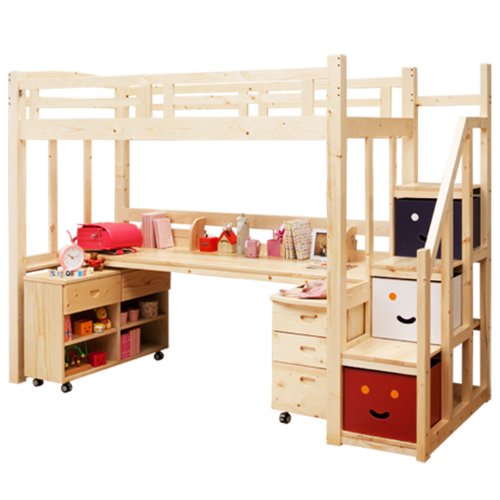 階段付きロフトベッド 木製 学習机 子供 収納ラック付き  天然木 （ナチュラル）