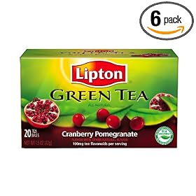 Lipton Green Tea, Cranberry Pomegranate, Tea Bags 20 Count Boxes (Pack of 6)