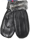 4fmg2.077, Genuine Black Very Soft Leather Microfiber Lined Luxurious Looking Mittens Trimmed with Rabbit Fur for Women Size Medium/Large