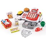 Grocery Store Cash Register with Conveyor Belt Scanner, Credit Card Reader, Microphone, Play Money and Food Playset
