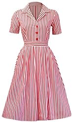 Bubble Dress Flared-Skirt Striped Print Cotton Vintage Lace Tunic 